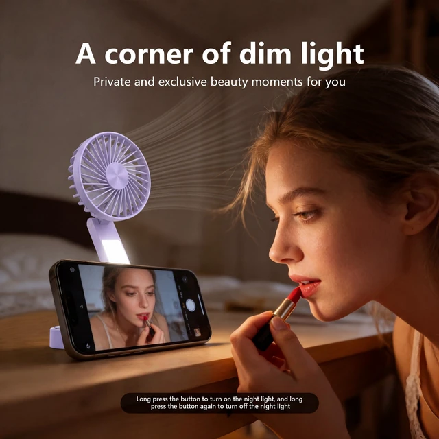 Alt view image 4 of 7 - Foldable Magnetic Phone Fan with LED Light & Stand Desk Easy Storage Purple Comes with metal magnetic ring compatible with all phones compact lightweight body, USB-C charging