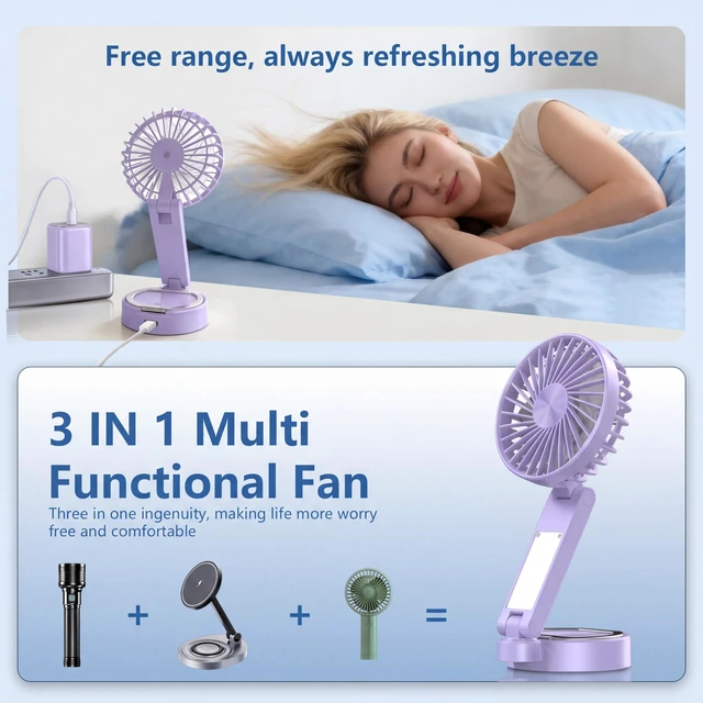 Alt view image 5 of 7 - Foldable Magnetic Phone Fan with LED Light & Stand Desk Easy Storage Purple Comes with metal magnetic ring compatible with all phones compact lightweight body, USB-C charging
