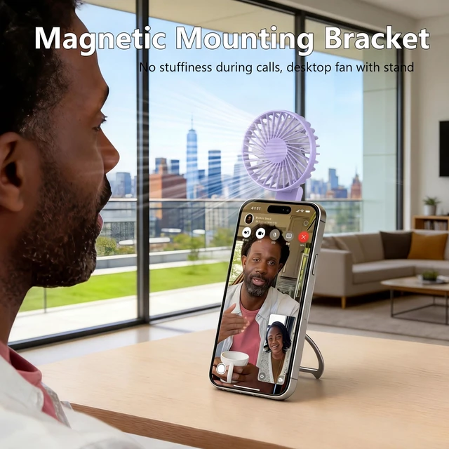 Alt view image 6 of 7 - Foldable Magnetic Phone Fan with LED Light & Stand Desk Easy Storage Purple Comes with metal magnetic ring compatible with all phones compact lightweight body, USB-C charging