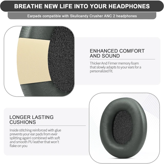 Alt view image 2 of 7 - SINOWO Replacement Earpads for Skullcandy Crusher ANC 2 Over-Ear Noise Canceling Wireless Headphones, Ear Pads Cushions with Noise Isolation Memory Foam(Grey)