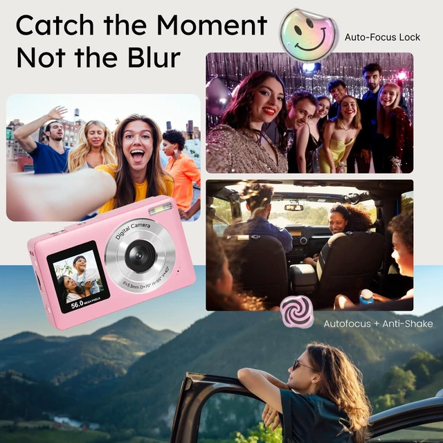 Alt view image 2 of 7 - Digital Camera,56MP Dual-Screen Point and Shoot Camera with Auto Focus,Smile Capture,Anti-Shake,16X Zoom,32GB SD Card Digicam Gift for Boys Girls Teens (Pink)
