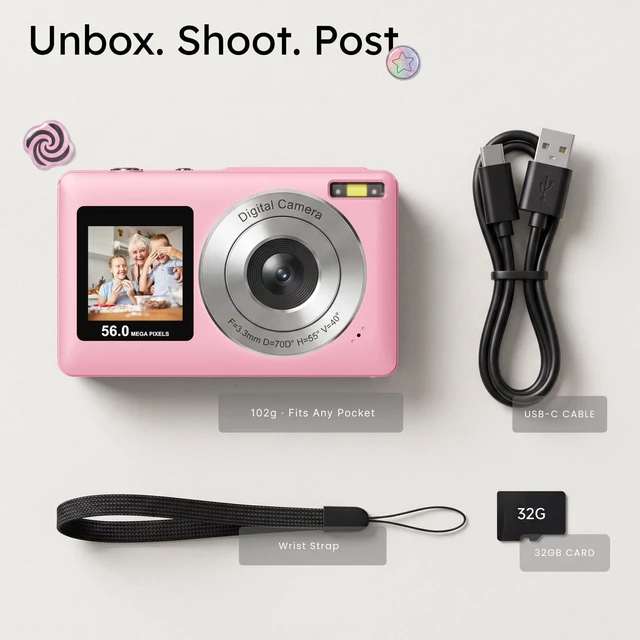 Alt view image 3 of 7 - Digital Camera,56MP Dual-Screen Point and Shoot Camera with Auto Focus,Smile Capture,Anti-Shake,16X Zoom,32GB SD Card Digicam Gift for Boys Girls Teens (Pink)