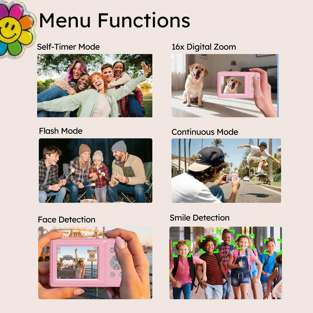 Alt view image 5 of 7 - Digital Camera,56MP Dual-Screen Point and Shoot Camera with Auto Focus,Smile Capture,Anti-Shake,16X Zoom,32GB SD Card Digicam Gift for Boys Girls Teens (Pink)