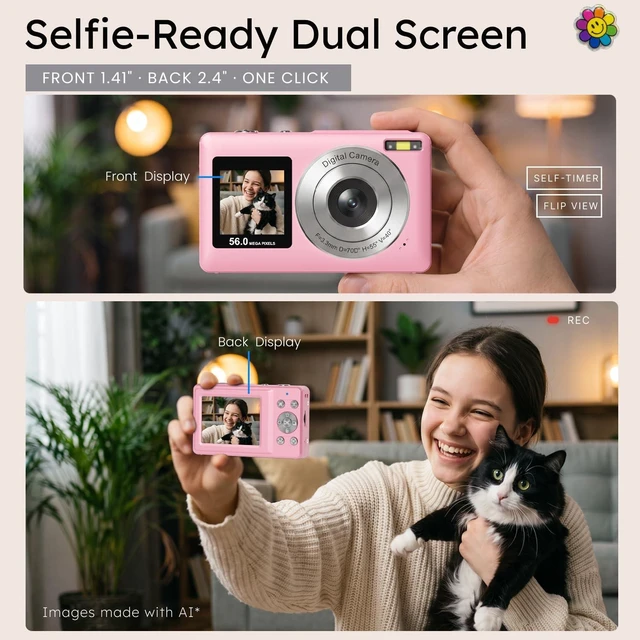 Alt view image 7 of 7 - Digital Camera,56MP Dual-Screen Point and Shoot Camera with Auto Focus,Smile Capture,Anti-Shake,16X Zoom,32GB SD Card Digicam Gift for Boys Girls Teens (Pink)