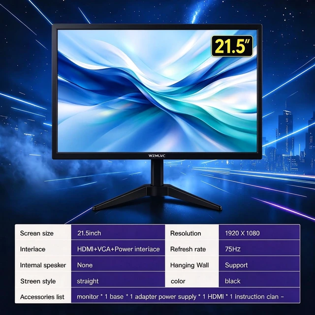 Alt view image 2 of 7 - 21.5 Inch Full HD Monitor 1920 * 1080p 75Hz Flicker-Free Eye Care, Anti-Glare LED Screen 5°~15° Tilt Adjustable HDMI & VGA Ports Wall Mountable for Desktop