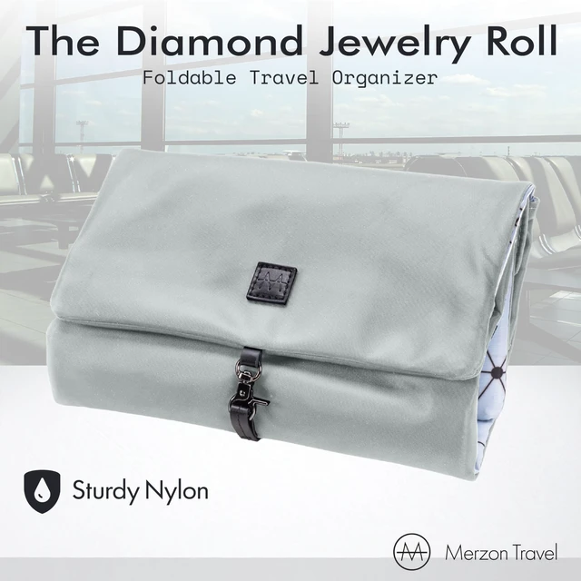 Alt view image 2 of 7 - Diamond Jewelry Roll HNG-731 Silver Foldable Jewelry Organizer, Slim Roll Design, Secure Storage for Rings, Necklaces, Earrings & Bracelets, Sturdy Nylon