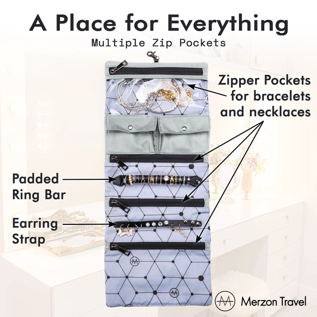 Alt view image 4 of 7 - Diamond Jewelry Roll HNG-731 Silver Foldable Jewelry Organizer, Slim Roll Design, Secure Storage for Rings, Necklaces, Earrings & Bracelets, Sturdy Nylon