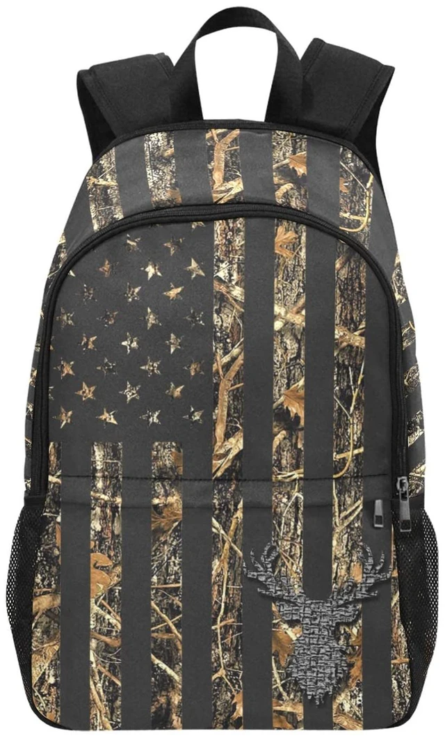 Main image of Camo Deer School Backpack American Flag Water-Resistant Laptop Daypack for Boys Girls and Teens 18 Inch Lightweight Bookbag with Zip Pocket and Side Mesh Pockets for School, Travel And Daily Use