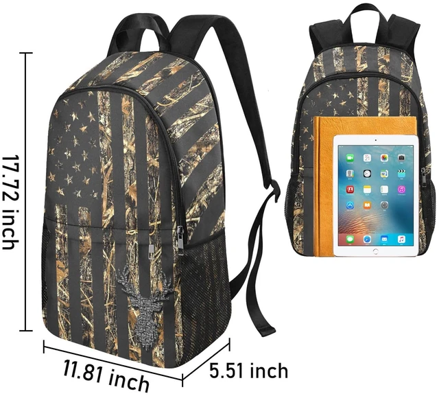 Alt view image 2 of 7 - Camo Deer School Backpack American Flag Water-Resistant Laptop Daypack for Boys Girls and Teens 18 Inch Lightweight Bookbag with Zip Pocket and Side Mesh Pockets for School, Travel And Daily Use