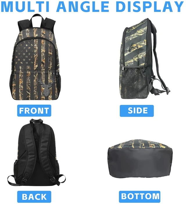 Alt view image 3 of 7 - Camo Deer School Backpack American Flag Water-Resistant Laptop Daypack for Boys Girls and Teens 18 Inch Lightweight Bookbag with Zip Pocket and Side Mesh Pockets for School, Travel And Daily Use
