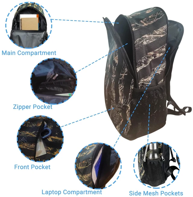 Alt view image 4 of 7 - Camo Deer School Backpack American Flag Water-Resistant Laptop Daypack for Boys Girls and Teens 18 Inch Lightweight Bookbag with Zip Pocket and Side Mesh Pockets for School, Travel And Daily Use