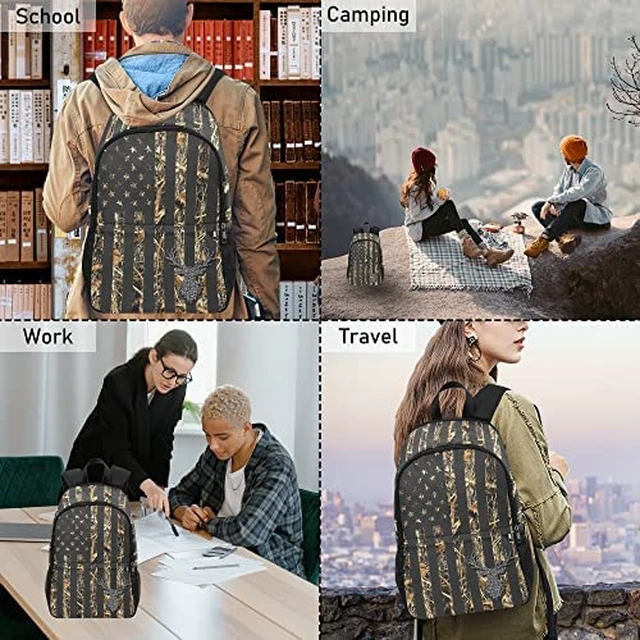 Alt view image 7 of 7 - Camo Deer School Backpack American Flag Water-Resistant Laptop Daypack for Boys Girls and Teens 18 Inch Lightweight Bookbag with Zip Pocket and Side Mesh Pockets for School, Travel And Daily Use