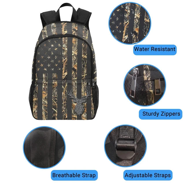 Alt view image 6 of 7 - Camo Deer School Backpack American Flag Water-Resistant Laptop Daypack for Boys Girls and Teens 18 Inch Lightweight Bookbag with Zip Pocket and Side Mesh Pockets for School, Travel And Daily Use