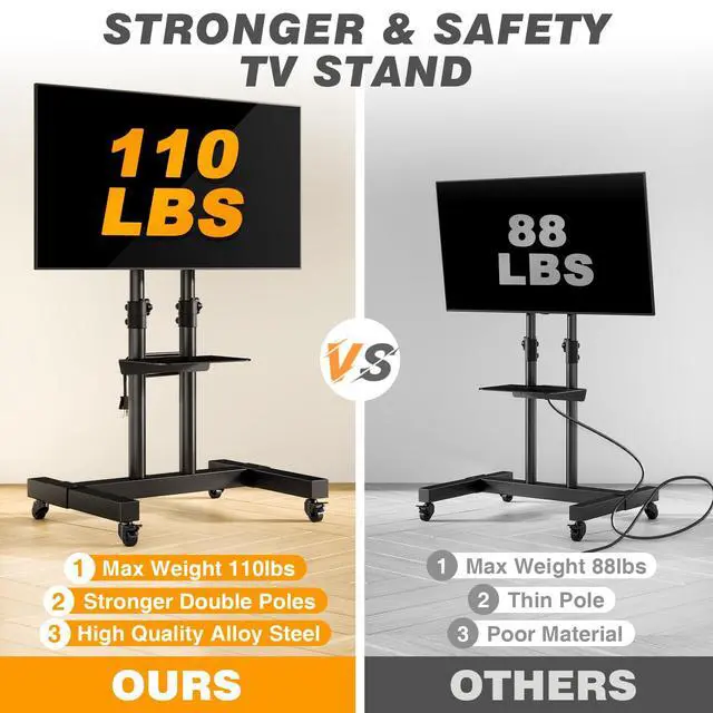 Alt view image 2 of 6 - Heavy Duty Rolling TV Stand with Power Outlet for 32-83 Inch TVs | Height Adjustable Mobile TV Cart on Wheels Holds up to 110 lbs, Outdoor TV Stand Trolley, Max VESA 600x400mm