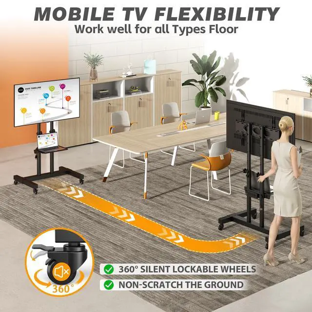Alt view image 3 of 6 - Heavy Duty Rolling TV Stand with Power Outlet for 32-83 Inch TVs | Height Adjustable Mobile TV Cart on Wheels Holds up to 110 lbs, Outdoor TV Stand Trolley, Max VESA 600x400mm