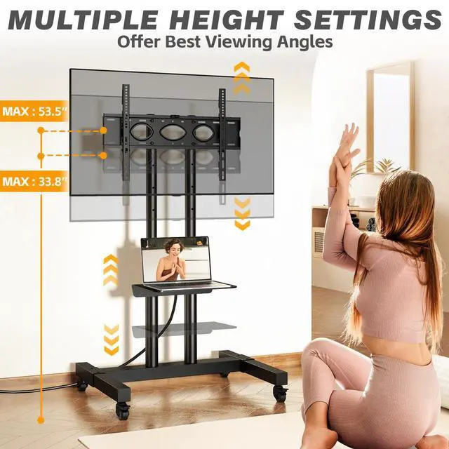 Alt view image 4 of 6 - Heavy Duty Rolling TV Stand with Power Outlet for 32-83 Inch TVs | Height Adjustable Mobile TV Cart on Wheels Holds up to 110 lbs, Outdoor TV Stand Trolley, Max VESA 600x400mm