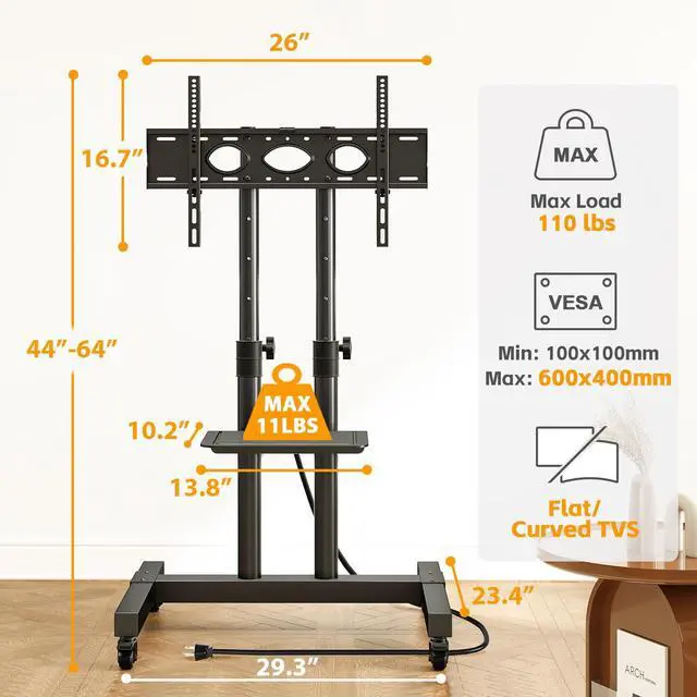 Alt view image 6 of 6 - Heavy Duty Rolling TV Stand with Power Outlet for 32-83 Inch TVs | Height Adjustable Mobile TV Cart on Wheels Holds up to 110 lbs, Outdoor TV Stand Trolley, Max VESA 600x400mm