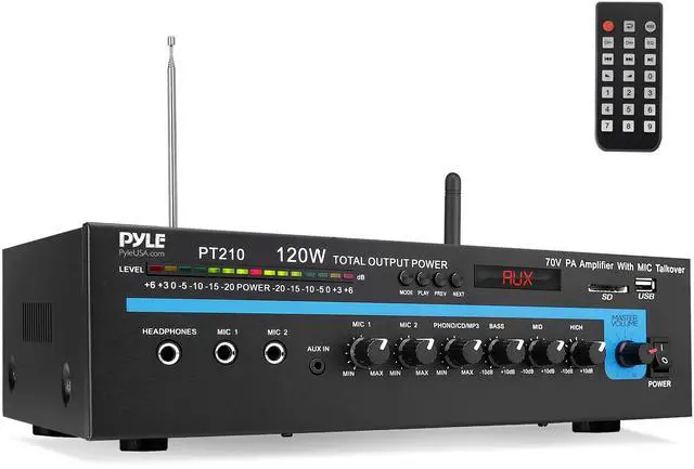 Main image of Home Compact Public Address Mono Amplifier - Professional 120 Watt Home Power Audio Sound PA Speaker Receiver System w/ RCA, Headphone, 2 Microphone Inputs, Independent Volume Control - PT210