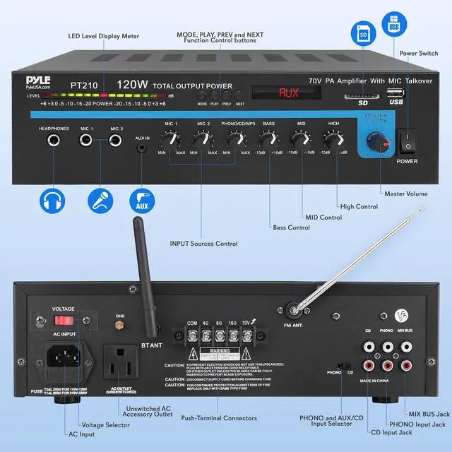 Alt view image 2 of 6 - Home Compact Public Address Mono Amplifier - Professional 120 Watt Home Power Audio Sound PA Speaker Receiver System w/ RCA, Headphone, 2 Microphone Inputs, Independent Volume Control - PT210