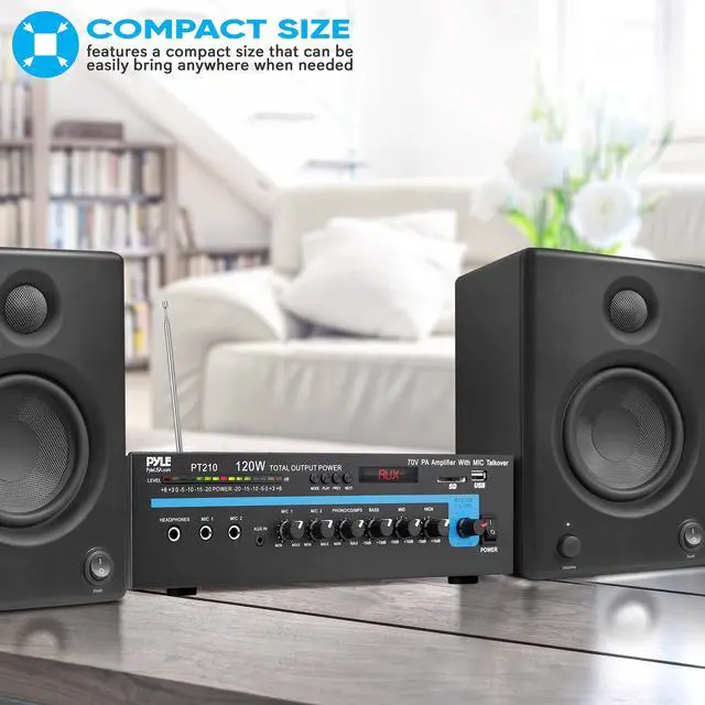 Alt view image 3 of 6 - Home Compact Public Address Mono Amplifier - Professional 120 Watt Home Power Audio Sound PA Speaker Receiver System w/ RCA, Headphone, 2 Microphone Inputs, Independent Volume Control - PT210