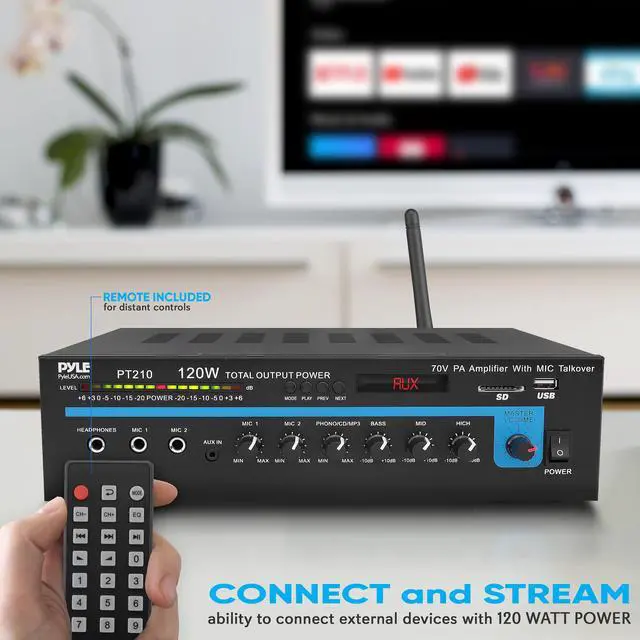Alt view image 4 of 6 - Home Compact Public Address Mono Amplifier - Professional 120 Watt Home Power Audio Sound PA Speaker Receiver System w/ RCA, Headphone, 2 Microphone Inputs, Independent Volume Control - PT210