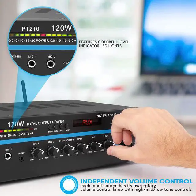 Alt view image 5 of 6 - Home Compact Public Address Mono Amplifier - Professional 120 Watt Home Power Audio Sound PA Speaker Receiver System w/ RCA, Headphone, 2 Microphone Inputs, Independent Volume Control - PT210
