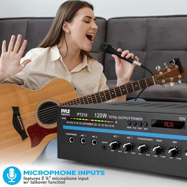 Alt view image 6 of 6 - Home Compact Public Address Mono Amplifier - Professional 120 Watt Home Power Audio Sound PA Speaker Receiver System w/ RCA, Headphone, 2 Microphone Inputs, Independent Volume Control - PT210