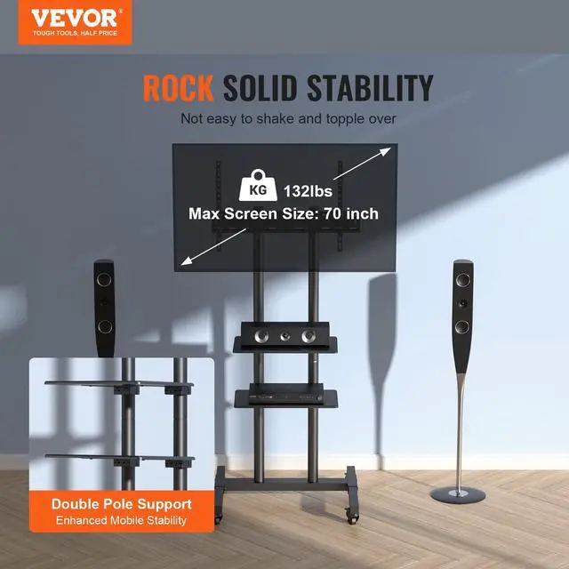 Alt view image 2 of 6 - Mobile TV Cart for 32 to 70 inch TVs, Height Adjustable Portable TV Stand with Wheels and Double Tray for Audio-Visual Devices, Rolling TV Stand for Living Room