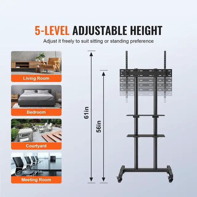 Alt view image 3 of 6 - Mobile TV Cart for 32 to 70 inch TVs, Height Adjustable Portable TV Stand with Wheels and Double Tray for Audio-Visual Devices, Rolling TV Stand for Living Room