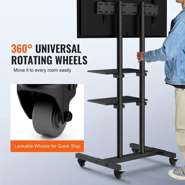 Alt view image 4 of 6 - Mobile TV Cart for 32 to 70 inch TVs, Height Adjustable Portable TV Stand with Wheels and Double Tray for Audio-Visual Devices, Rolling TV Stand for Living Room