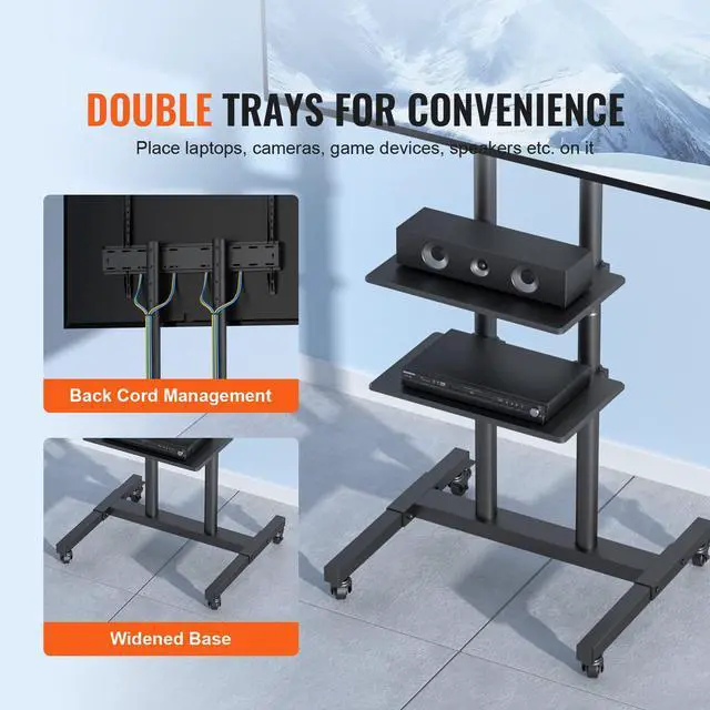 Alt view image 5 of 6 - Mobile TV Cart for 32 to 70 inch TVs, Height Adjustable Portable TV Stand with Wheels and Double Tray for Audio-Visual Devices, Rolling TV Stand for Living Room