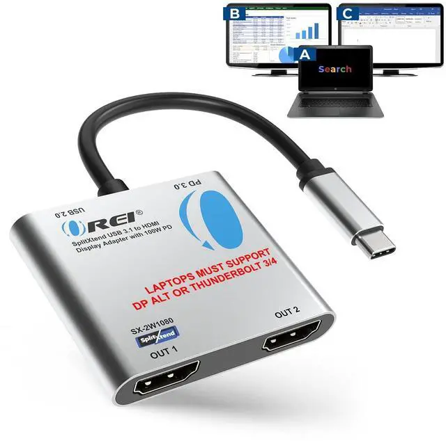 Main image of SplitExtend HDMI Splitter Extended Display for Windows Only - 4K@30Hz | Dual Monitor - Multi-Monitor Display 3 Separate Screens - USB-C Adapter to HDMI 2.0 - 100W PD and USB 2.0 Input