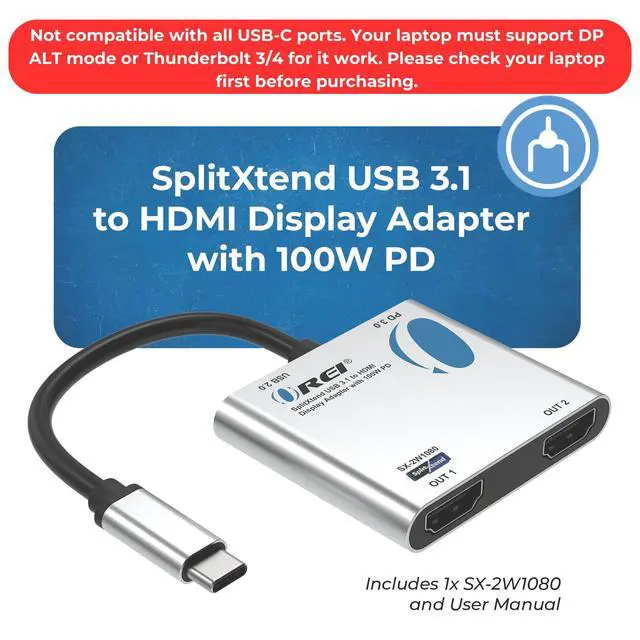 Alt view image 2 of 6 - SplitExtend HDMI Splitter Extended Display for Windows Only - 4K@30Hz | Dual Monitor - Multi-Monitor Display 3 Separate Screens - USB-C Adapter to HDMI 2.0 - 100W PD and USB 2.0 Input