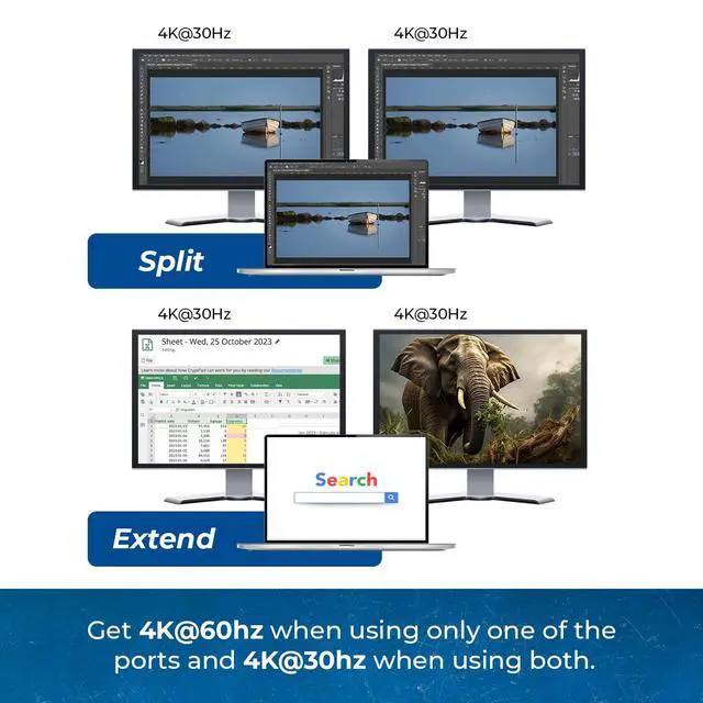 Alt view image 3 of 6 - SplitExtend HDMI Splitter Extended Display for Windows Only - 4K@30Hz | Dual Monitor - Multi-Monitor Display 3 Separate Screens - USB-C Adapter to HDMI 2.0 - 100W PD and USB 2.0 Input