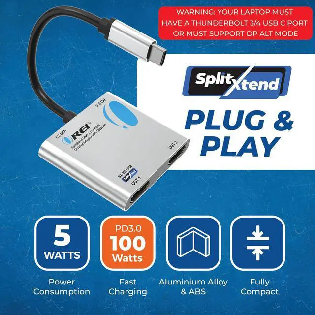 Alt view image 4 of 6 - SplitExtend HDMI Splitter Extended Display for Windows Only - 4K@30Hz | Dual Monitor - Multi-Monitor Display 3 Separate Screens - USB-C Adapter to HDMI 2.0 - 100W PD and USB 2.0 Input