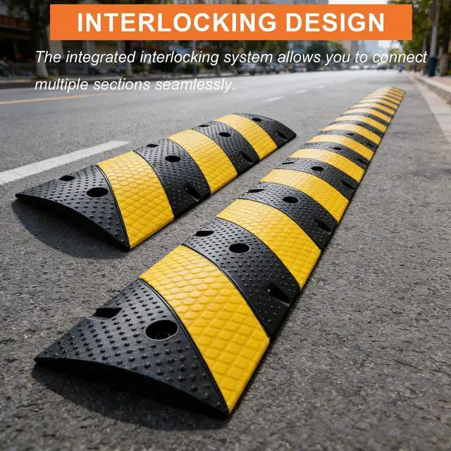 Alt view image 4 of 6 - 2-Pack 36 Inch Rubber Speed Bumps for Driveway | Heavy Duty Speed Humps with Dual Cable Channels and Drainage, Interlocking Portable Speed Bump with Mounting Bolts