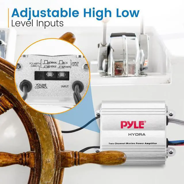 Alt view image 5 of 6 - Hydra Marine Amplifier - Upgraded Elite Series 400 Watt 2 Channel Micro Amplifier - Waterproof, GAIN Level Controls, RCA Stereo Input, 3.5mm Jack & Volume Control (PLMRMP1A)