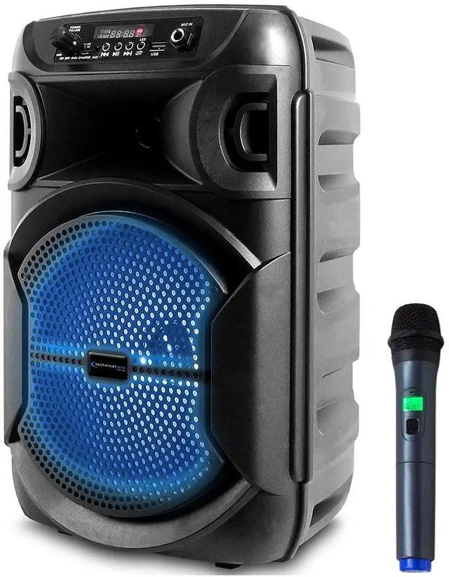 Main image of 8 Inch Portable 800 W Bluetooth Speaker W/Woofer & Tweeter | Festival PA LED, Bluetooth/USB Card Inputs, with UHF Wireless Handheld Microphone w/USB Powered Receiver