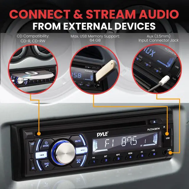 Alt view image 3 of 6 - Boat Bluetooth Marine Stereo Receiver - Marine Head Unit Din Single Stereo Speaker Receiver - Wireless Music Streaming, Hands-Free Calling, CD Player/MP3/USB/AUX/ AM FM Radio -PLCD43BTM (Black)