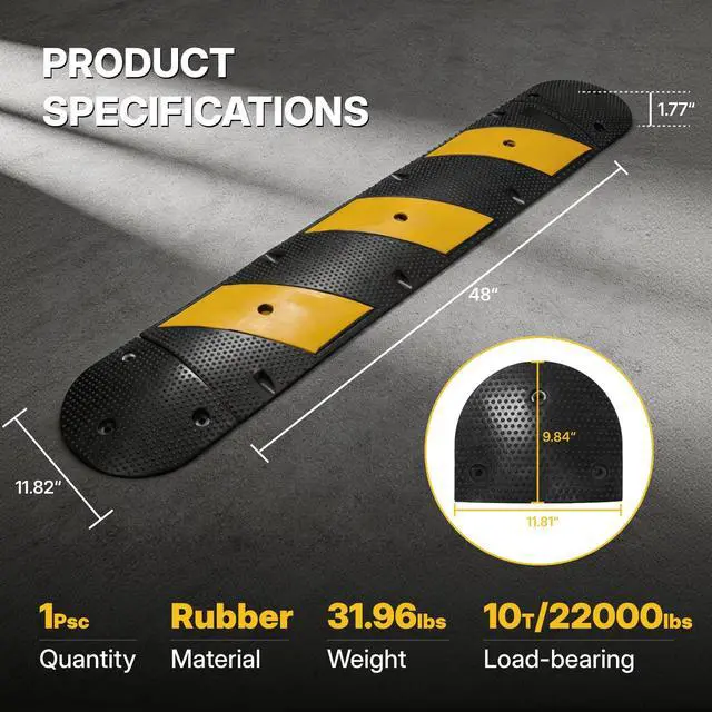 Alt view image 4 of 6 - 4FT Rubber Speed Bump, Heavy Duty Speed Bump Cable Protector Ramp for Driveway, Road Parking, Garage, Parking Lot, Warehouse,48" x 11.8" x 1.77" (1, 4FT with End Cap)
