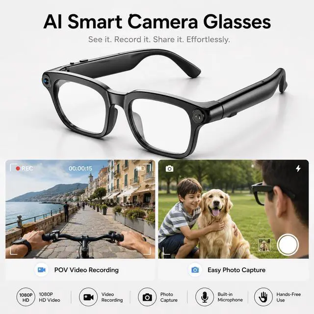 Alt view image 2 of 6 - AI Smart Glasses with Camera,Photo Capture &4k Video Recording Glasses,Real-Time Translation, Open-Ear Audio, Object Recognition, Bluetooth Sunglasses with AI Assistantfor Vlogging, Travel, Business