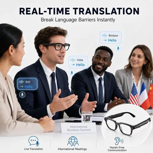 Alt view image 4 of 6 - AI Smart Glasses with Camera,Photo Capture &4k Video Recording Glasses,Real-Time Translation, Open-Ear Audio, Object Recognition, Bluetooth Sunglasses with AI Assistantfor Vlogging, Travel, Business