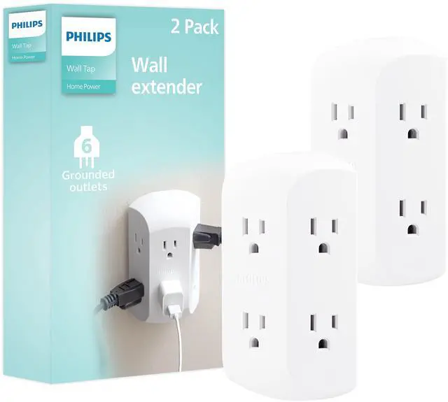 Main image of 6-Outlet Extender, 2 Pack, Grounded Wall Tap, Adapter Spaced Outlets, 3-Prong, Multiple Plug, Quick and Easy Install, Cruise Essentials, Use for Home Office, UL Listed, White, SPS1742WA/37