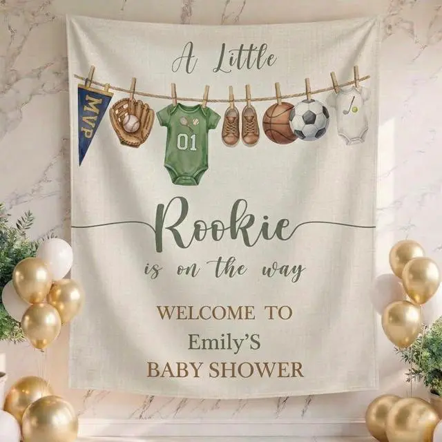 Alt view image 2 of 6 - Baby Shower Linen Fabric Backdrop Banner A Little Rookie is on the Way Sports Theme, Neutral Green Baby Shower Decorations for Boy, Party Photo Background, Reusable Cloth Sign