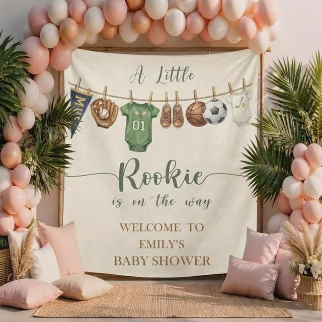 Alt view image 3 of 6 - Baby Shower Linen Fabric Backdrop Banner A Little Rookie is on the Way Sports Theme, Neutral Green Baby Shower Decorations for Boy, Party Photo Background, Reusable Cloth Sign