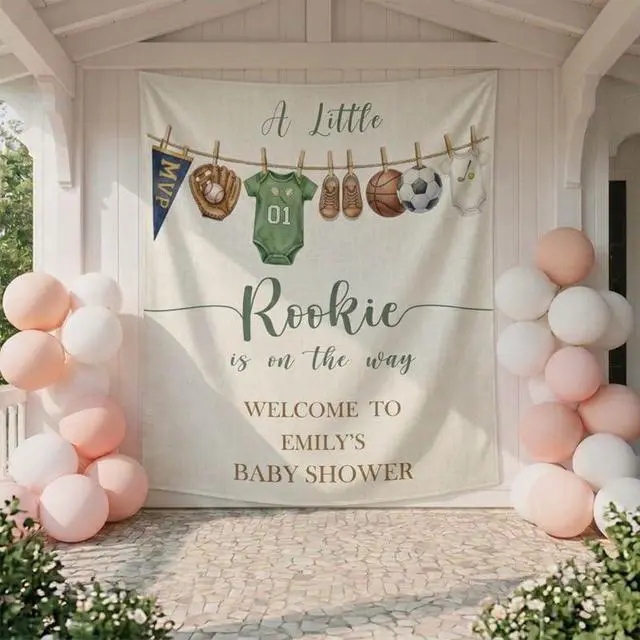 Alt view image 4 of 6 - Baby Shower Linen Fabric Backdrop Banner A Little Rookie is on the Way Sports Theme, Neutral Green Baby Shower Decorations for Boy, Party Photo Background, Reusable Cloth Sign