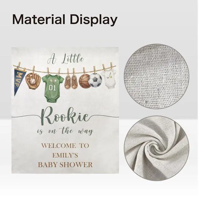 Alt view image 5 of 6 - Baby Shower Linen Fabric Backdrop Banner A Little Rookie is on the Way Sports Theme, Neutral Green Baby Shower Decorations for Boy, Party Photo Background, Reusable Cloth Sign