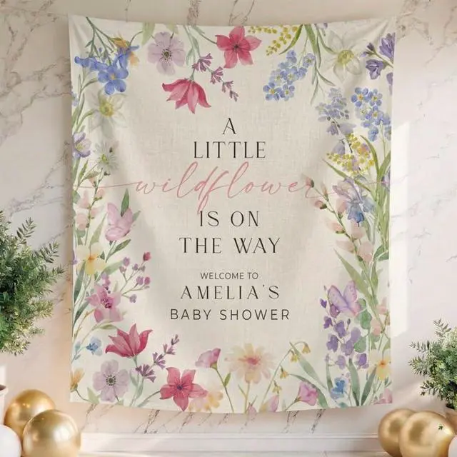 Alt view image 2 of 6 - Wildflower Baby Shower Backdrop, Personalized Floral Baby Shower Banner, A Little Wildflower is on the Way Sign, Custom Name Party Decor, Photo Prop Gift