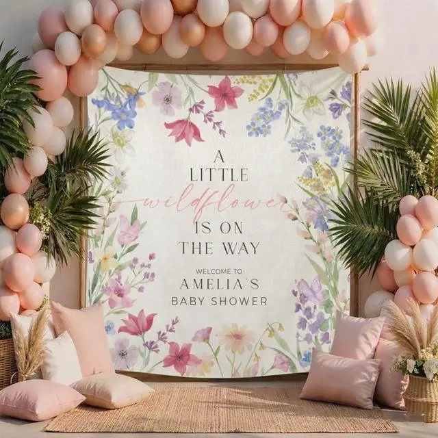 Alt view image 3 of 6 - Wildflower Baby Shower Backdrop, Personalized Floral Baby Shower Banner, A Little Wildflower is on the Way Sign, Custom Name Party Decor, Photo Prop Gift