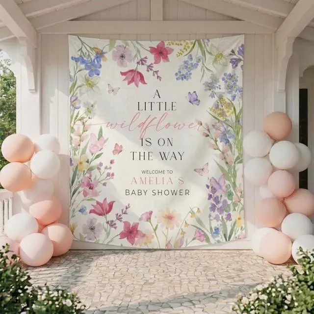 Alt view image 4 of 6 - Wildflower Baby Shower Backdrop, Personalized Floral Baby Shower Banner, A Little Wildflower is on the Way Sign, Custom Name Party Decor, Photo Prop Gift